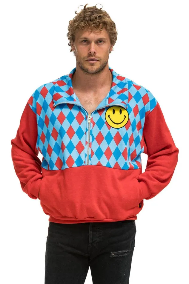 WomenMen Sweatshirts Aviator Nation Diamond Smiley 2 Fleece Half Zip Color Block Sweatshirt 8211 Red Sky