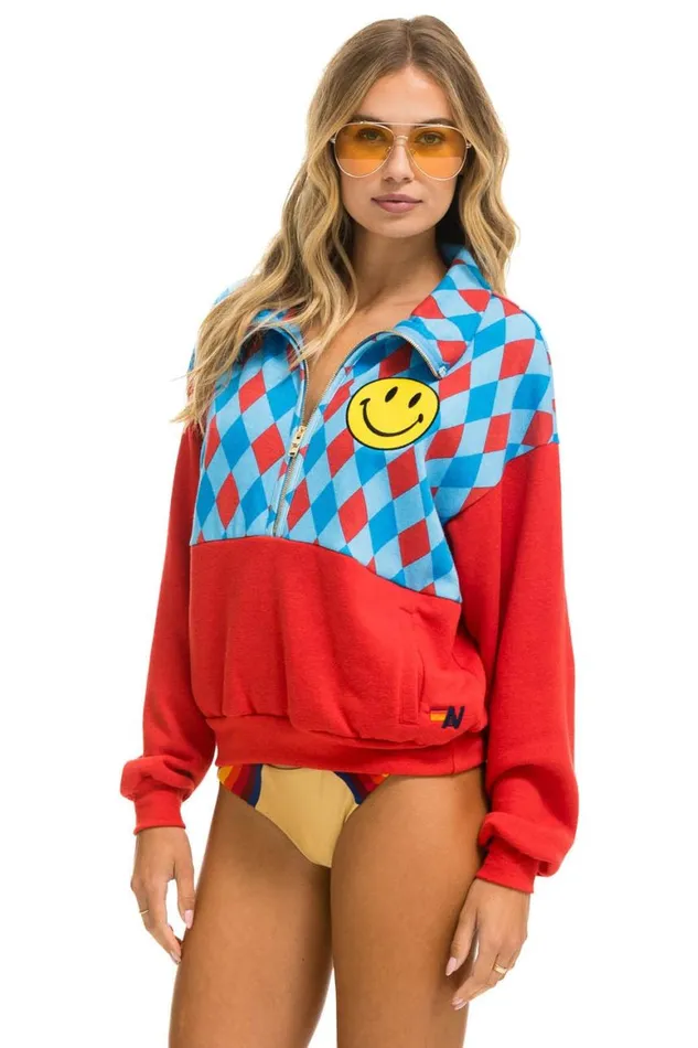 WomenMen Sweatshirts Aviator Nation Diamond Smiley 2 Fleece Half Zip Color Block Sweatshirt 8211 Red Sky