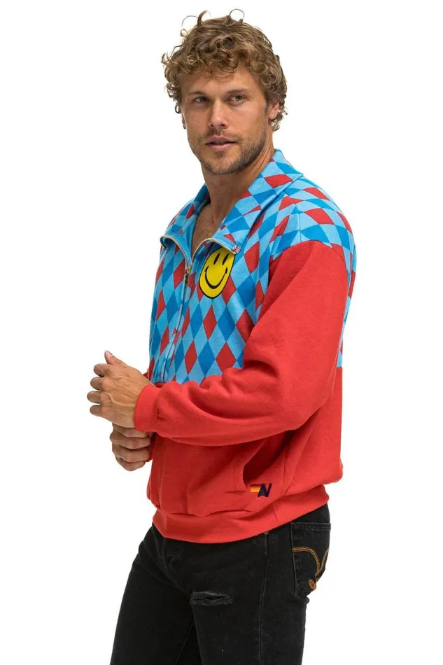 WomenMen Sweatshirts Aviator Nation Diamond Smiley 2 Fleece Half Zip Color Block Sweatshirt 8211 Red Sky
