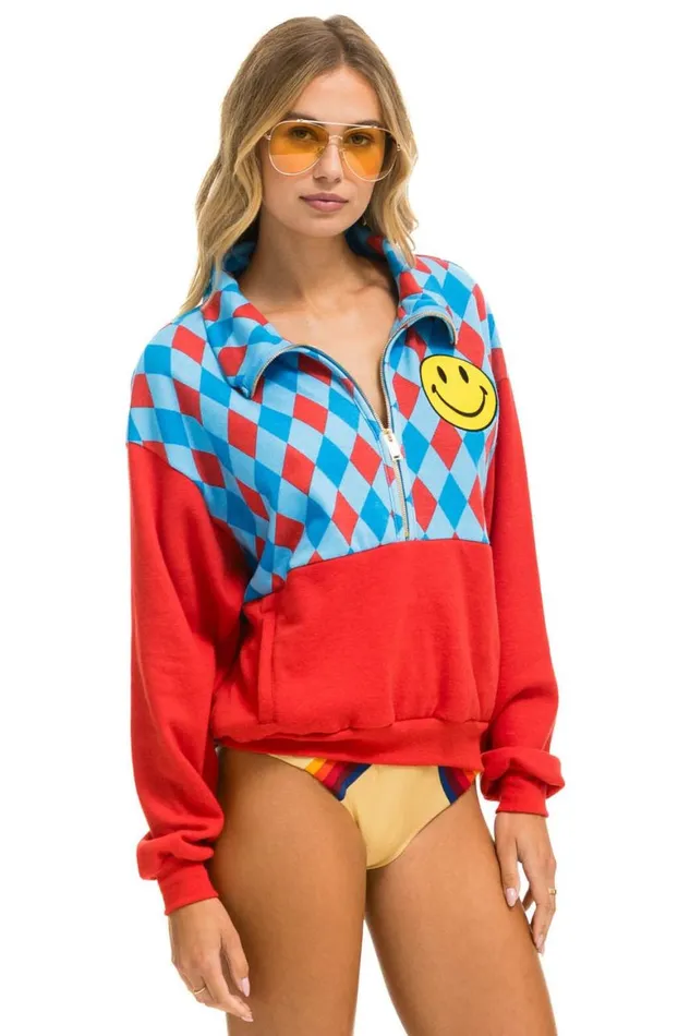 WomenMen Sweatshirts Aviator Nation Diamond Smiley 2 Fleece Half Zip Color Block Sweatshirt 8211 Red Sky