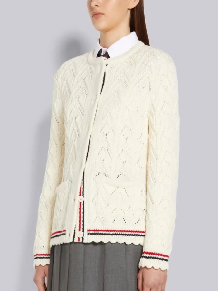 Women Merino Wool Pointelle Cable Knit Scallop Trim Crew Neck Cardigan White Thom Browne Knitwear