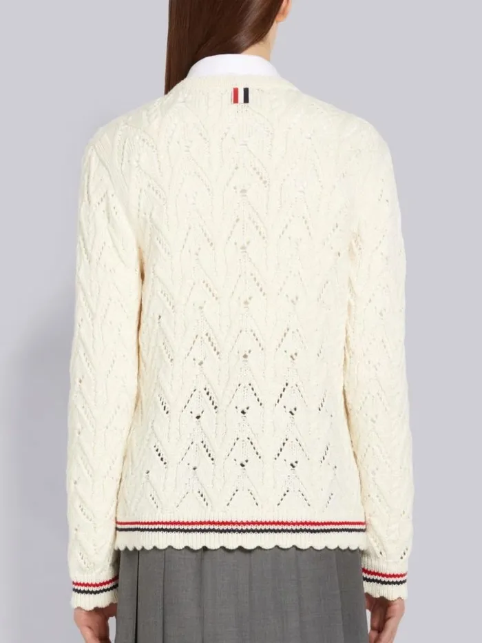 Women Merino Wool Pointelle Cable Knit Scallop Trim Crew Neck Cardigan White Thom Browne Knitwear