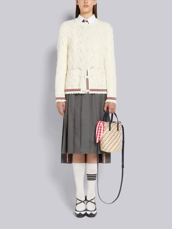 Women Merino Wool Pointelle Cable Knit Scallop Trim Crew Neck Cardigan White Thom Browne Knitwear