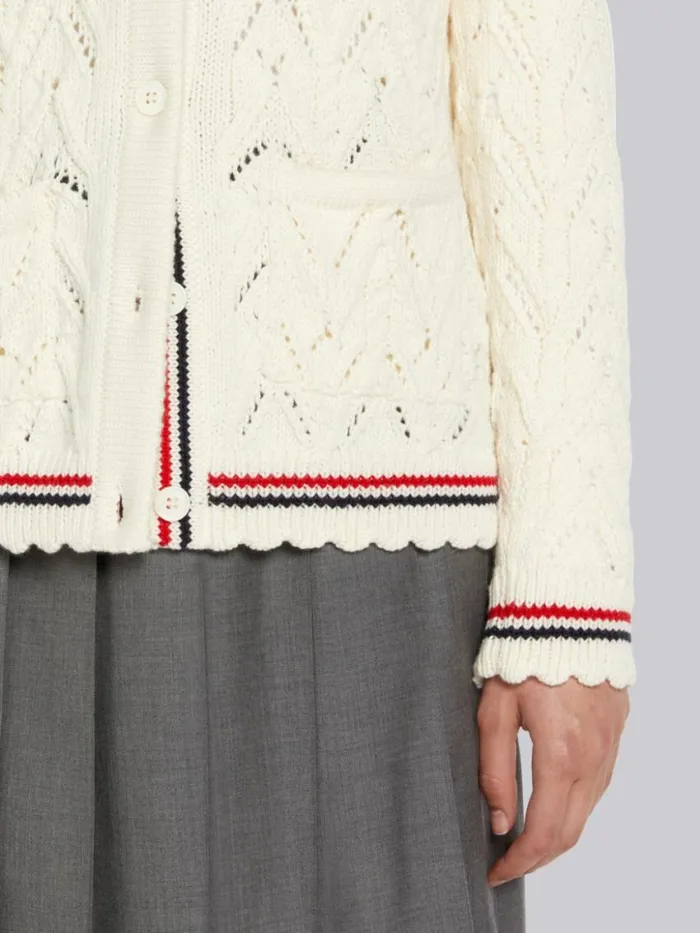 Women Merino Wool Pointelle Cable Knit Scallop Trim Crew Neck Cardigan White Thom Browne Knitwear
