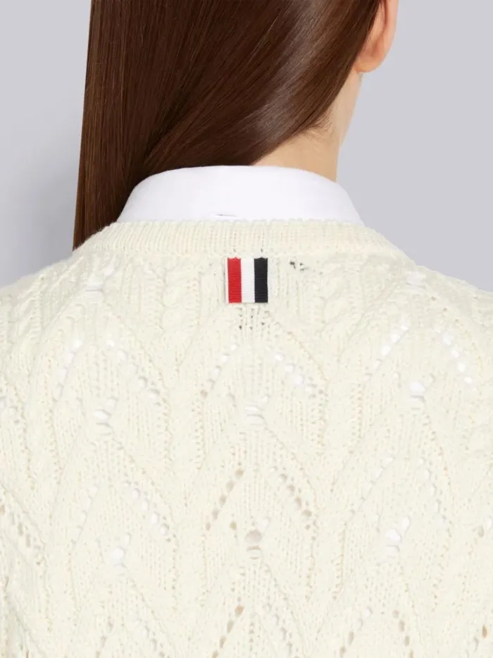 Women Merino Wool Pointelle Cable Knit Scallop Trim Crew Neck Cardigan White Thom Browne Knitwear