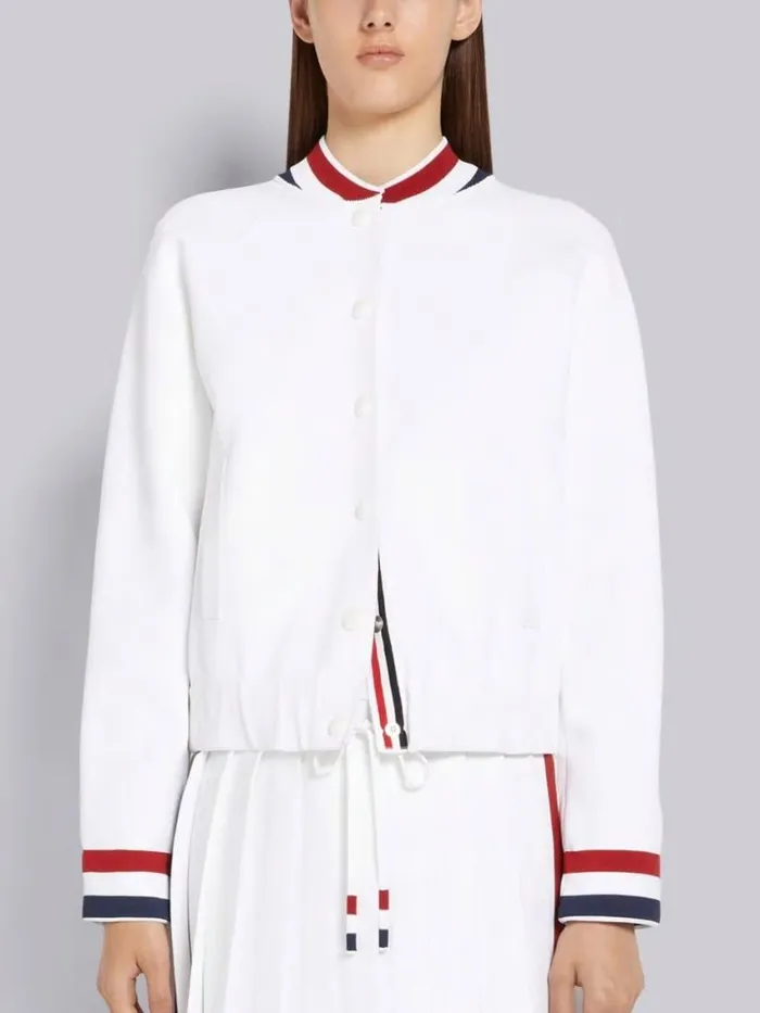 Women Milano Stitch Stretch Viscose Stripe Tubular Rib Trim Bomber Jacket White Thom Browne Sweats Women Milano Stitch Stretch Viscose Stripe Tubular Rib Trim Bomber Jacket White Thom Browne Sweats