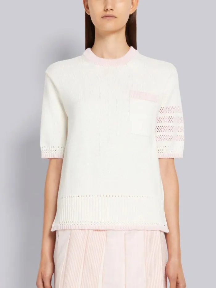 Women Multicolor Jersey Stitch Cotton Contrast Pointelle Tipping 4bar Short Sleeve Pullover Seasonal Multi Thom Browne Knitwear Women Multicolor Jersey Stitch Cotton Contrast Pointelle Tipping 4bar Short Sleeve Pullover Seasonal Multi Thom Browne Knitwear