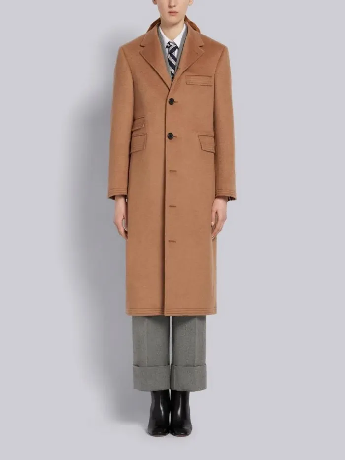 Women Natural Baby Hair Ticket Pocket Long Chesterfield Overcoat Camel Thom Browne Outerwear Women Natural Baby Hair Ticket Pocket Long Chesterfield Overcoat Camel Thom Browne Outerwear