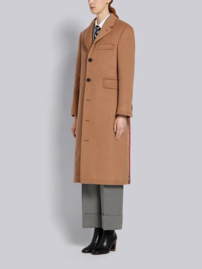 Women Natural Baby Hair Ticket Pocket Long Chesterfield Overcoat Camel Thom Browne Outerwear