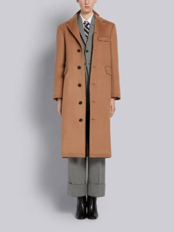 Women Natural Baby Hair Ticket Pocket Long Chesterfield Overcoat Camel Thom Browne Outerwear