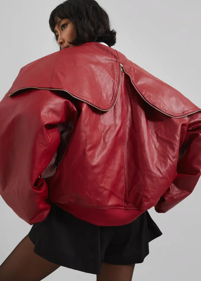 Women Outerwear The Frankie Shop Burnaby Faux Leather ZipUp Hoodie 8211 Red