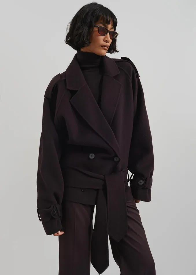 Women Outerwear The Frankie Shop Elys Short Wool Trench 8211 Dark Plum