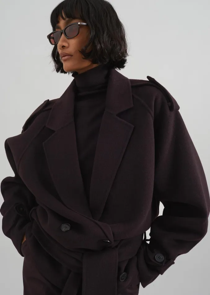 Women Outerwear The Frankie Shop Elys Short Wool Trench 8211 Dark Plum