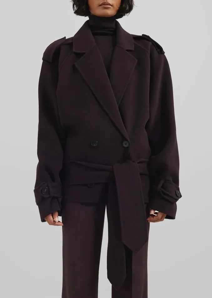 Women Outerwear The Frankie Shop Elys Short Wool Trench 8211 Dark Plum