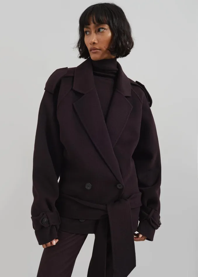 Women Outerwear The Frankie Shop Elys Short Wool Trench 8211 Dark Plum