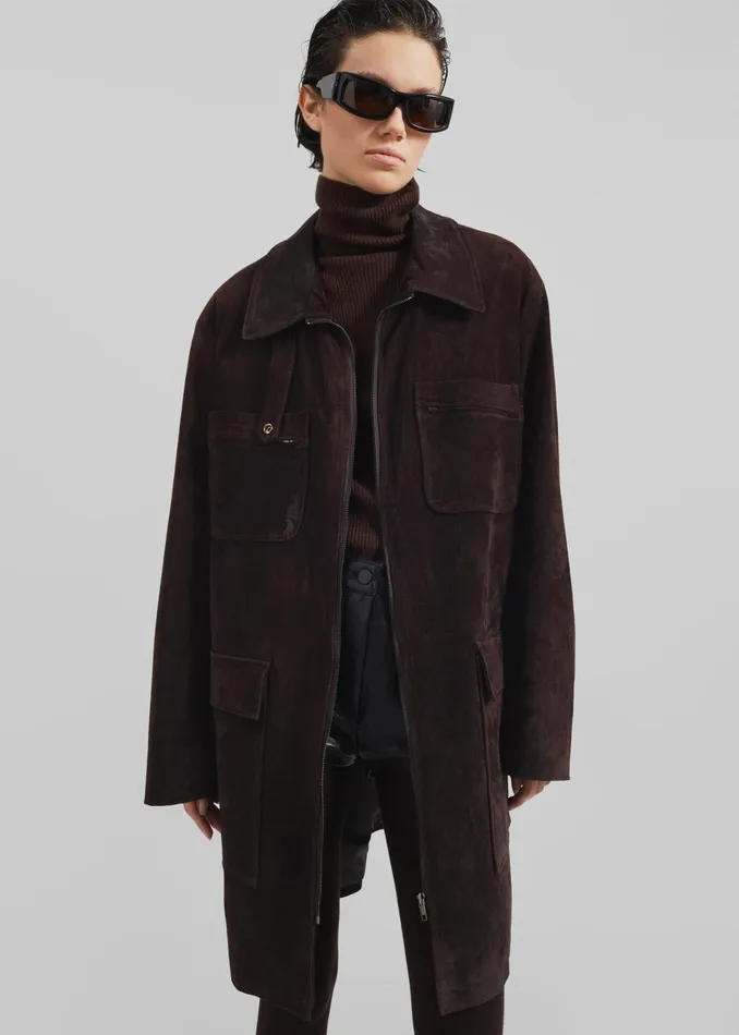 Women Outerwear The Frankie Shop Haillot Suede Long Jacket 8211 Brown