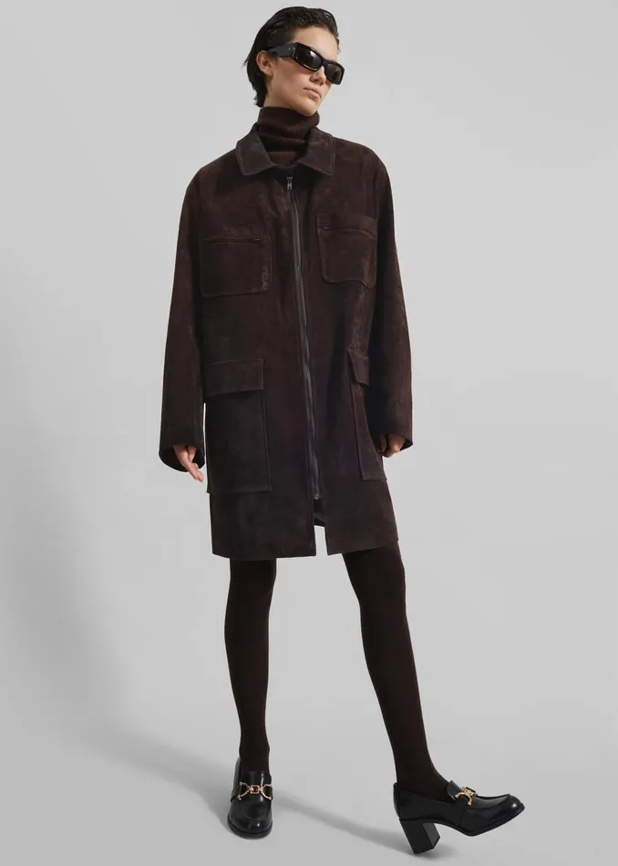 Women Outerwear The Frankie Shop Haillot Suede Long Jacket 8211 Brown