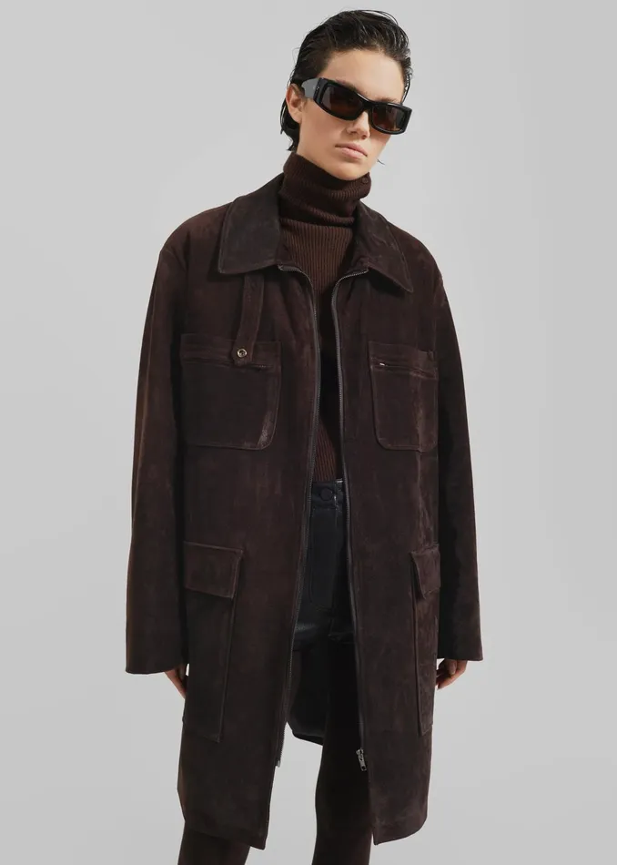 Women Outerwear The Frankie Shop Haillot Suede Long Jacket 8211 Brown