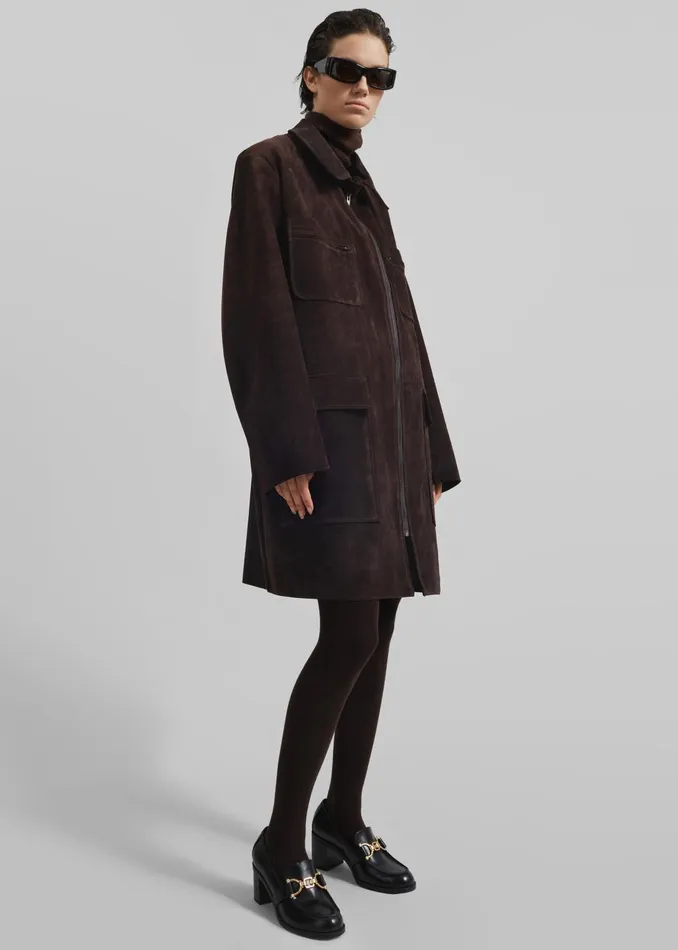 Women Outerwear The Frankie Shop Haillot Suede Long Jacket 8211 Brown