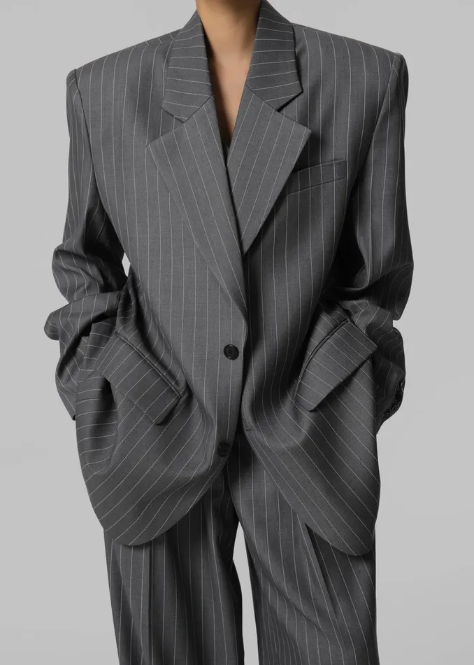 Women Outerwear The Frankie Shop Holland Padded Shoulder Blazer 8211 CharcoalWhite Pinstripe