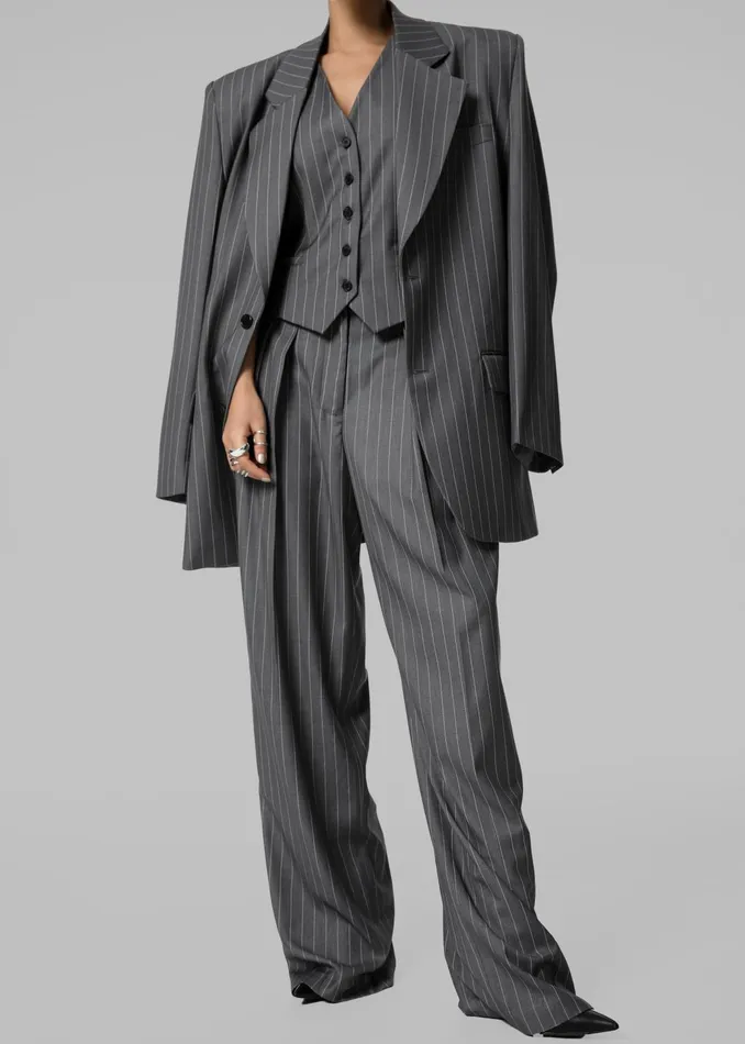 Women Outerwear The Frankie Shop Holland Padded Shoulder Blazer 8211 CharcoalWhite Pinstripe