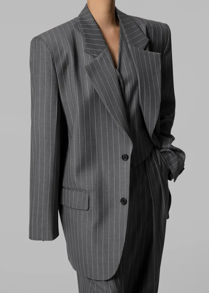 Women Outerwear The Frankie Shop Holland Padded Shoulder Blazer 8211 CharcoalWhite Pinstripe
