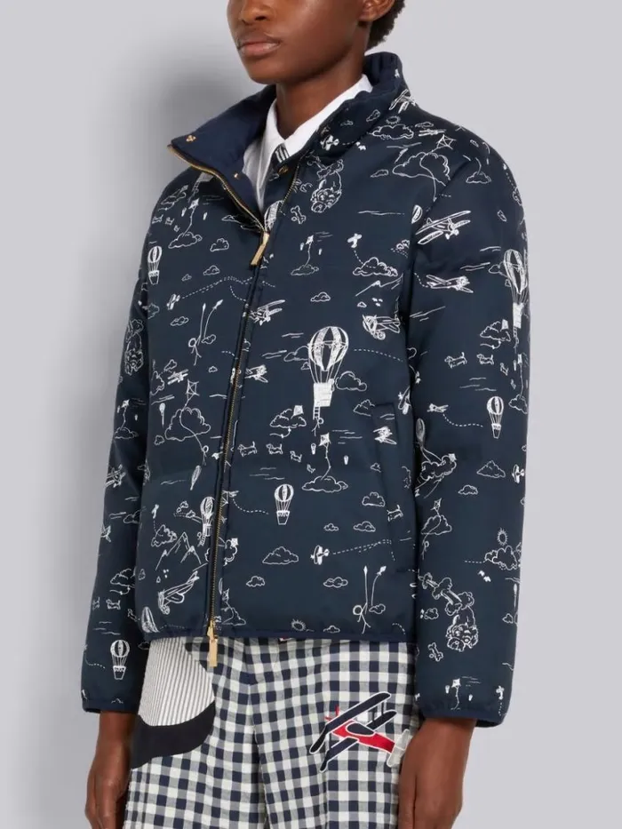 Women Reversible Downfilled Ripstop School Uniform And Sky Toile Printed Mackintosh Funnel Neck Jacket Navy Thom Browne Outerwear