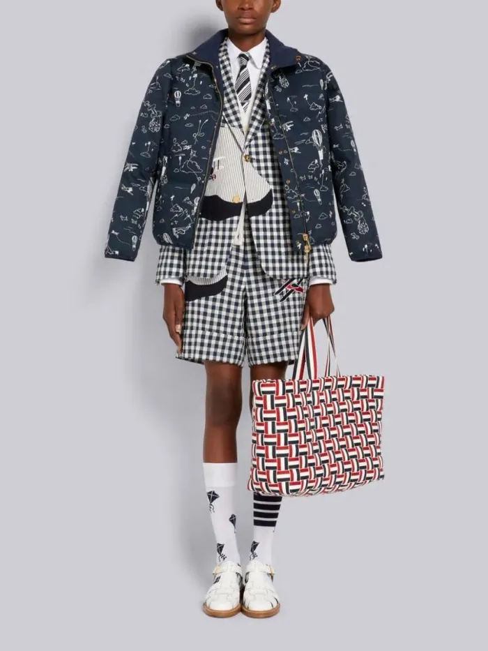 Women Reversible Downfilled Ripstop School Uniform And Sky Toile Printed Mackintosh Funnel Neck Jacket Navy Thom Browne Outerwear