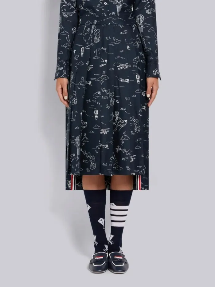 Women Sky Toile Printed Silk Twill Dropped Back Pleated Below The Knee Skirt Navy Thom Browne Skirts Women Sky Toile Printed Silk Twill Dropped Back Pleated Below The Knee Skirt Navy Thom Browne Skirts