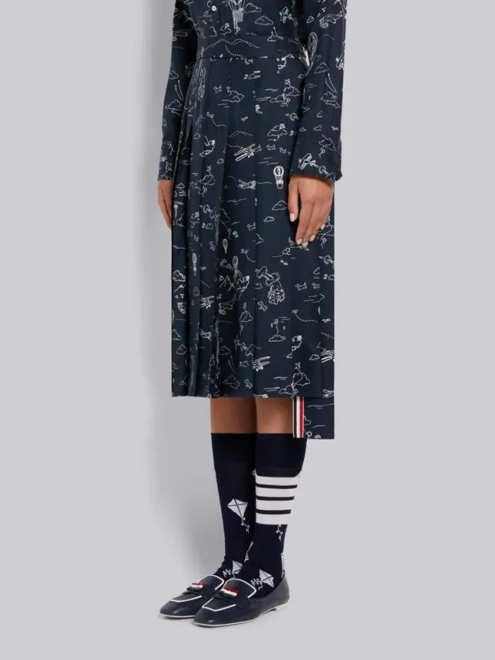 Women Sky Toile Printed Silk Twill Dropped Back Pleated Below The Knee Skirt Navy Thom Browne Skirts