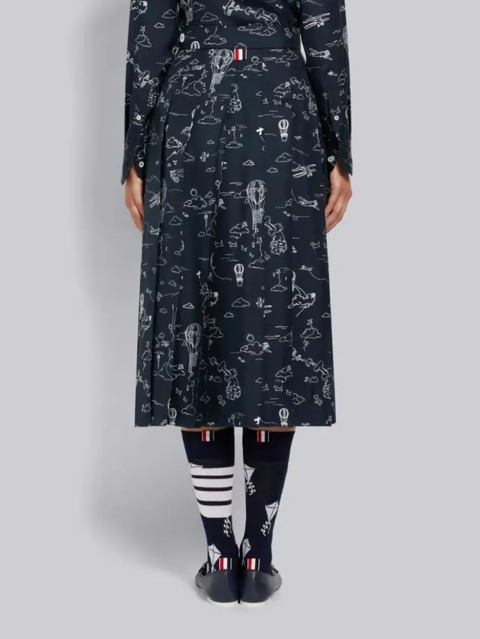 Women Sky Toile Printed Silk Twill Dropped Back Pleated Below The Knee Skirt Navy Thom Browne Skirts