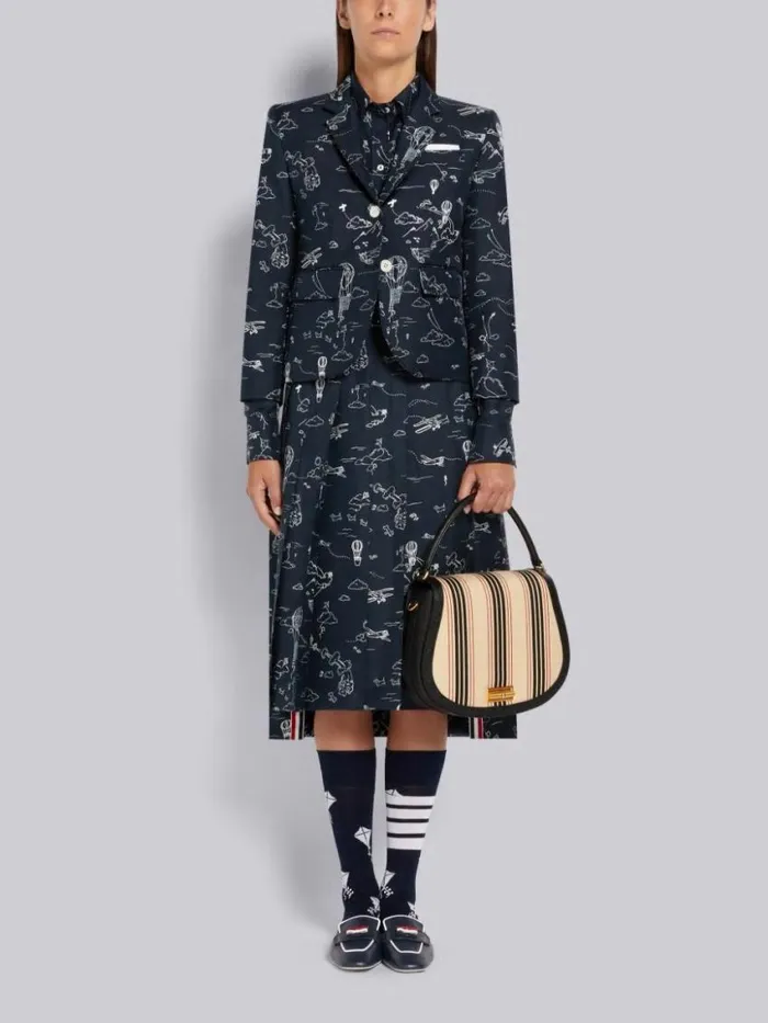 Women Sky Toile Printed Silk Twill Dropped Back Pleated Below The Knee Skirt Navy Thom Browne Skirts
