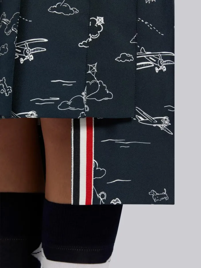 Women Sky Toile Printed Silk Twill Dropped Back Pleated Below The Knee Skirt Navy Thom Browne Skirts