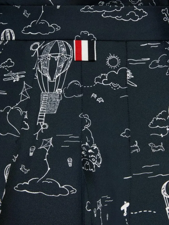 Women Sky Toile Printed Silk Twill Dropped Back Pleated Below The Knee Skirt Navy Thom Browne Skirts