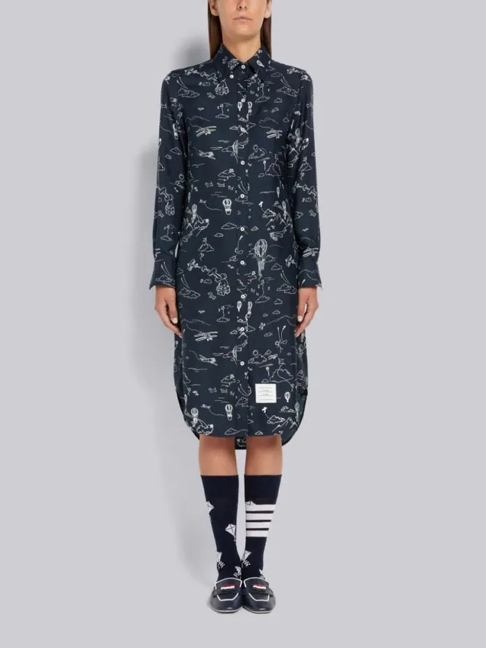 Women Sky Toile Printed Silk Twill Point Collar Knee Length Shirtdress Navy Thom Browne Dresses Women Sky Toile Printed Silk Twill Point Collar Knee Length Shirtdress Navy Thom Browne Dresses