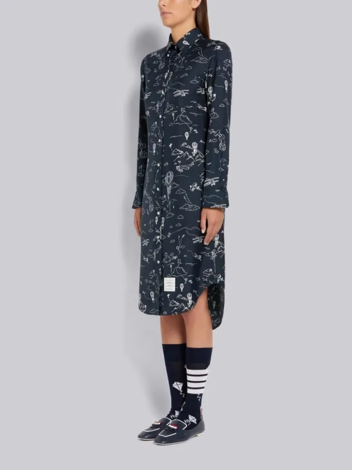 Women Sky Toile Printed Silk Twill Point Collar Knee Length Shirtdress Navy Thom Browne Dresses
