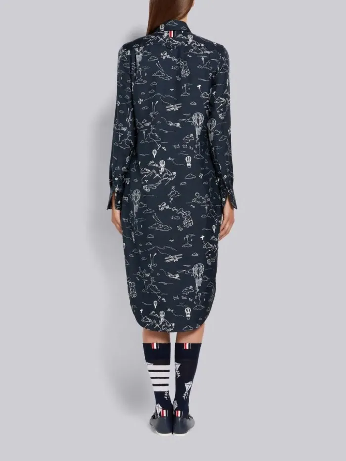 Women Sky Toile Printed Silk Twill Point Collar Knee Length Shirtdress Navy Thom Browne Dresses