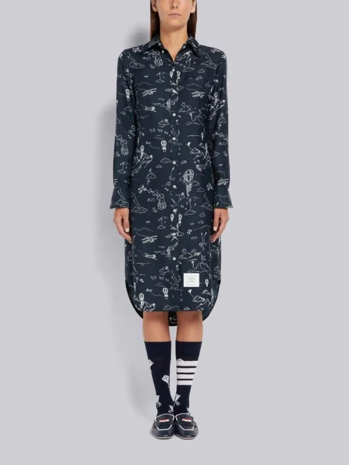 Women Sky Toile Printed Silk Twill Point Collar Knee Length Shirtdress Navy Thom Browne Dresses