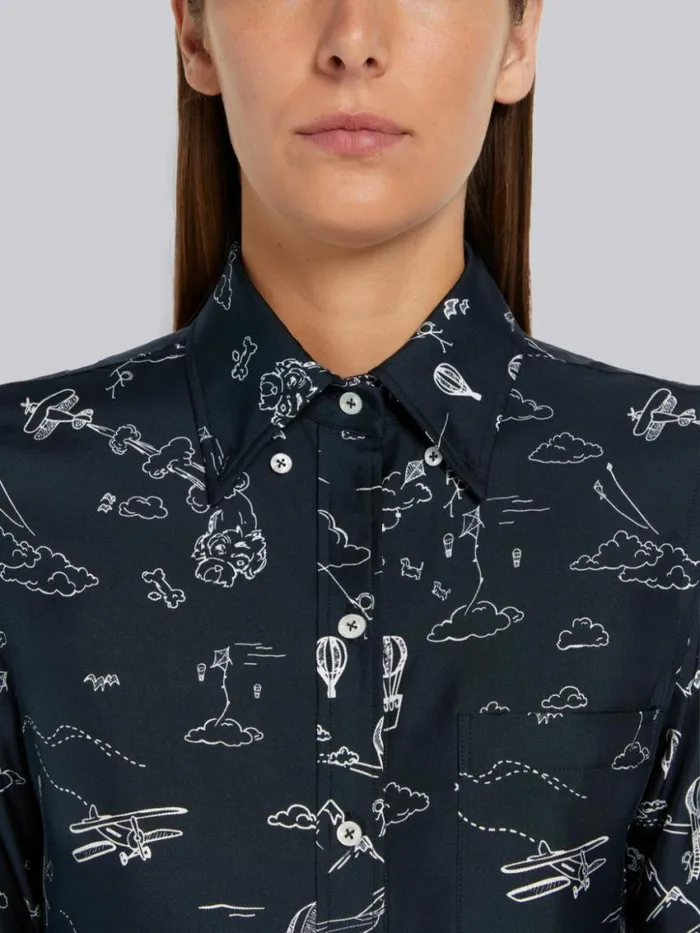 Women Sky Toile Printed Silk Twill Point Collar Knee Length Shirtdress Navy Thom Browne Dresses