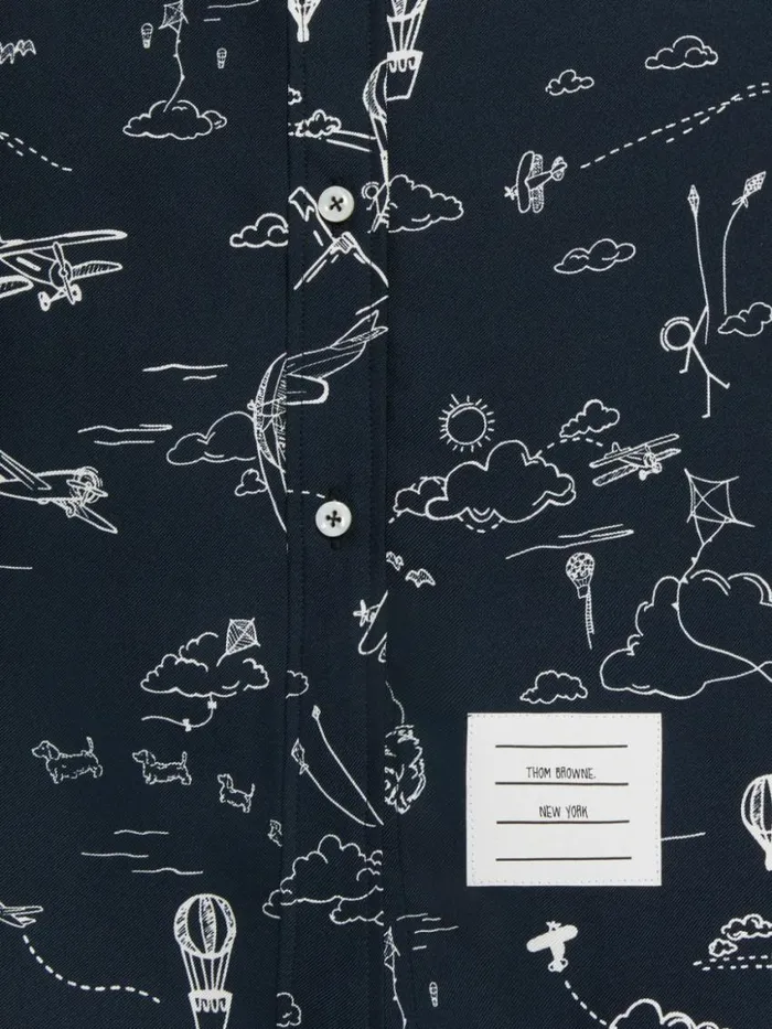 Women Sky Toile Printed Silk Twill Point Collar Knee Length Shirtdress Navy Thom Browne Dresses