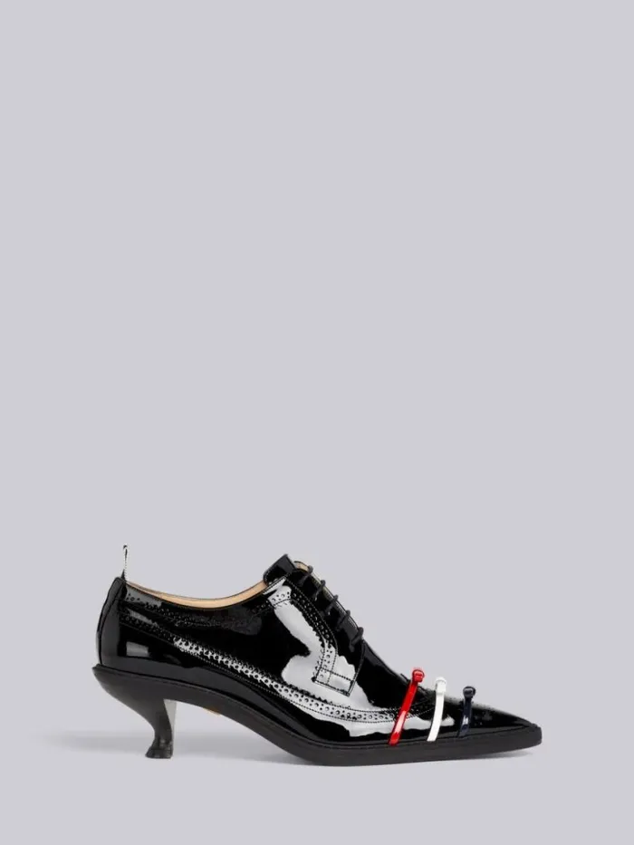 Women Soft Patent Leather Micro Sole 3bow 50mm Curved Heel Longwing Brogue Black Thom Browne Heels Women Soft Patent Leather Micro Sole 3bow 50mm Curved Heel Longwing Brogue Black Thom Browne Heels