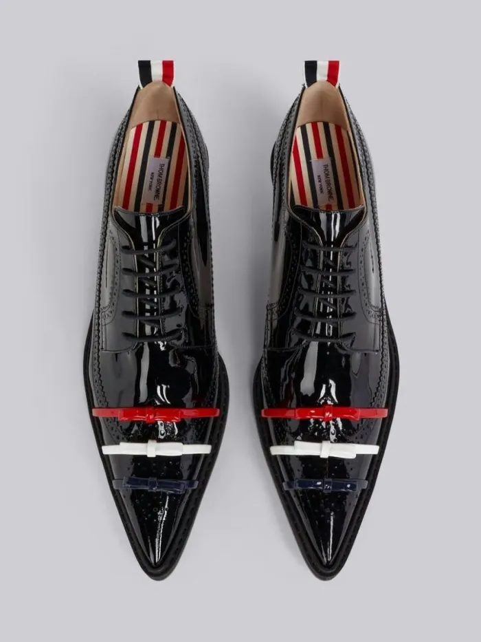 Women Soft Patent Leather Micro Sole 3bow 50mm Curved Heel Longwing Brogue Black Thom Browne Heels