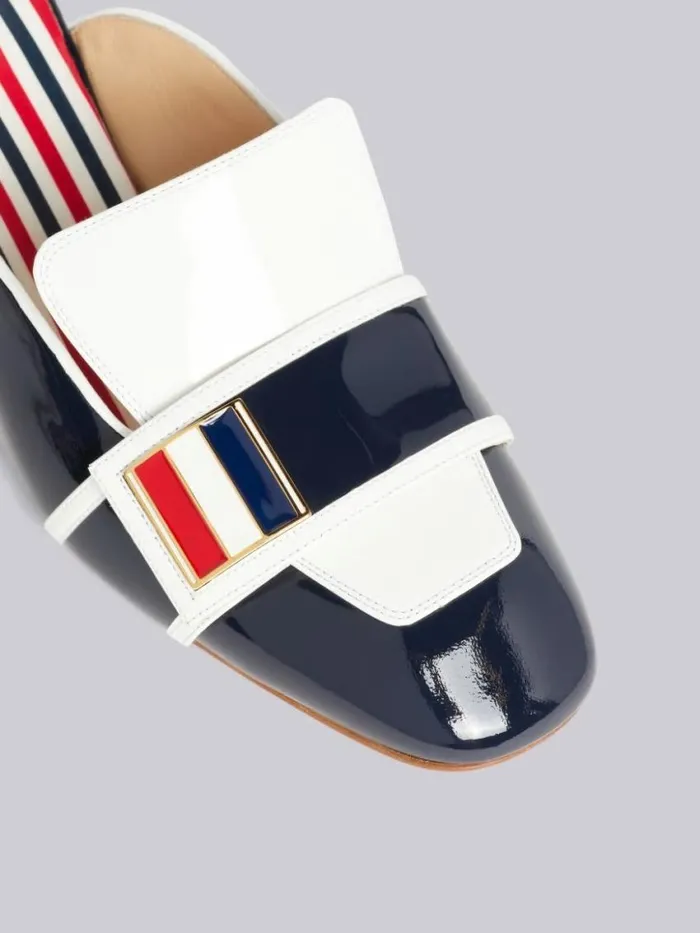 Women Soft Patent Leather Stripe Enamel Strap 40mm Block Heel Chic Loafer Mule Navy Thom Browne Heels
