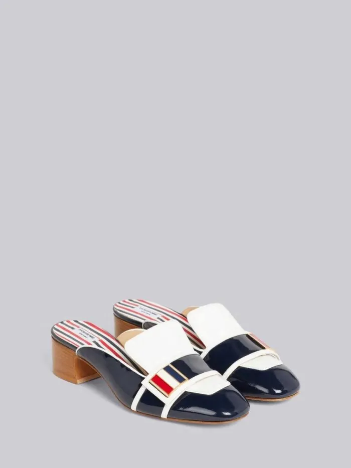 Women Soft Patent Leather Stripe Enamel Strap 40mm Block Heel Chic Loafer Mule Navy Thom Browne Heels