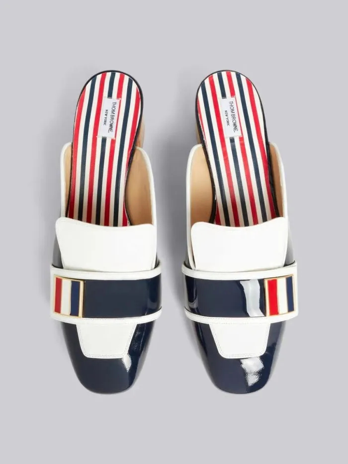 Women Soft Patent Leather Stripe Enamel Strap 40mm Block Heel Chic Loafer Mule Navy Thom Browne Heels