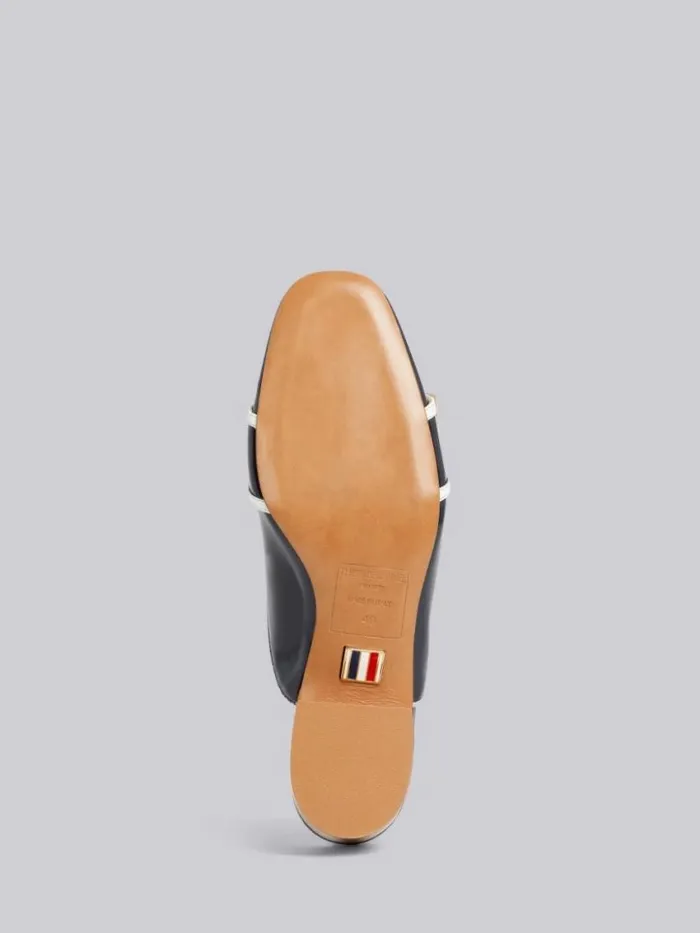 Women Soft Patent Leather Stripe Enamel Strap 40mm Block Heel Chic Loafer Mule Navy Thom Browne Heels