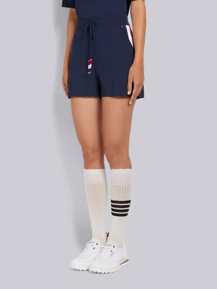 Women Stretch Viscose Intarsia Side Stripe Pintuck Midthigh Shorts Navy Thom Browne Sweats