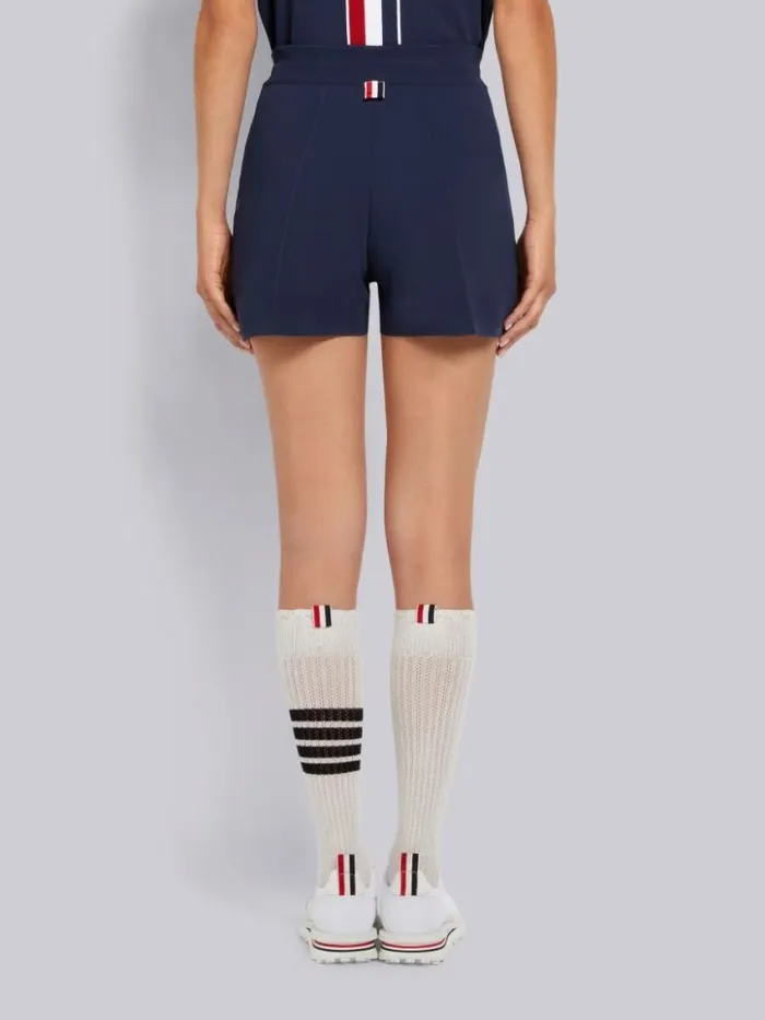 Women Stretch Viscose Intarsia Side Stripe Pintuck Midthigh Shorts Navy Thom Browne Sweats