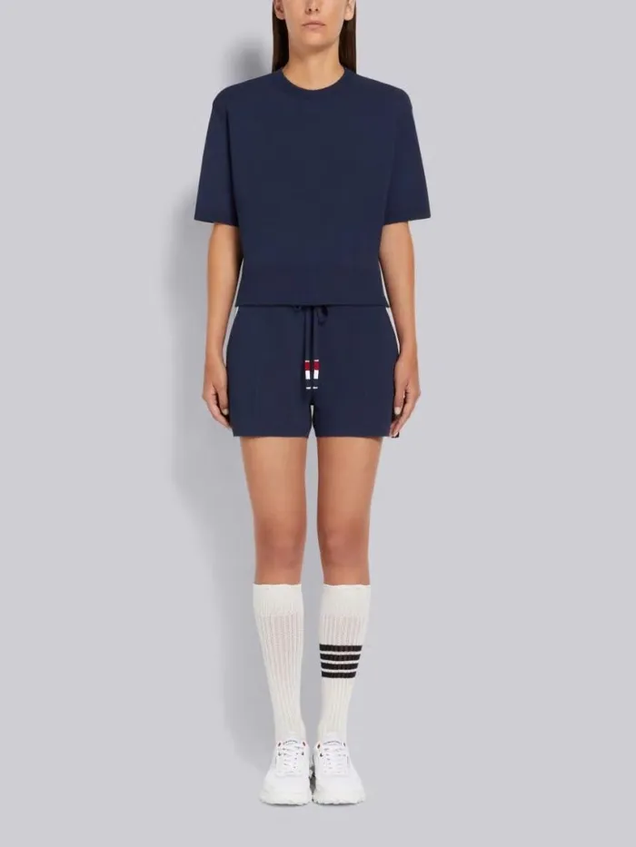 Women Stretch Viscose Intarsia Side Stripe Pintuck Midthigh Shorts Navy Thom Browne Sweats