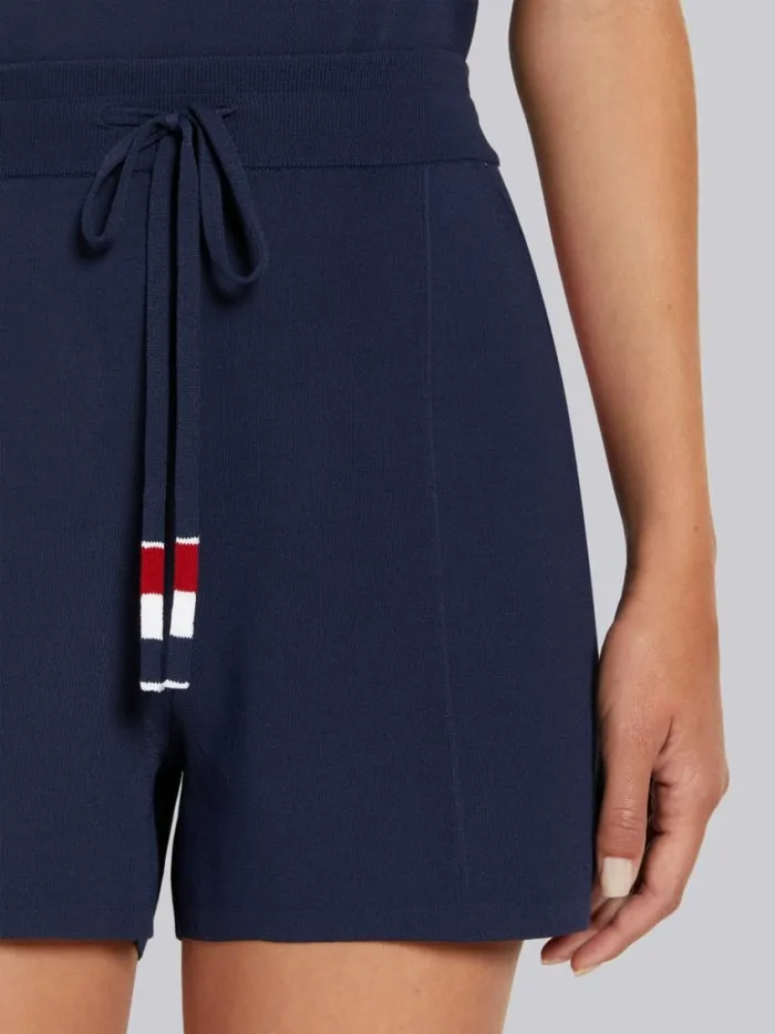 Women Stretch Viscose Intarsia Side Stripe Pintuck Midthigh Shorts Navy Thom Browne Sweats